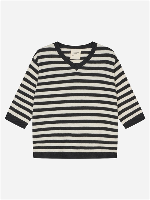 PEOPLES REPUBLIC OF CASHMERE WOMENS STRIPED 90'S V-BLOUSE BLACK CLOUD